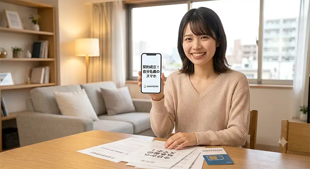 サンシスコンで自分名義のスマホが手に入り満足顔の女性