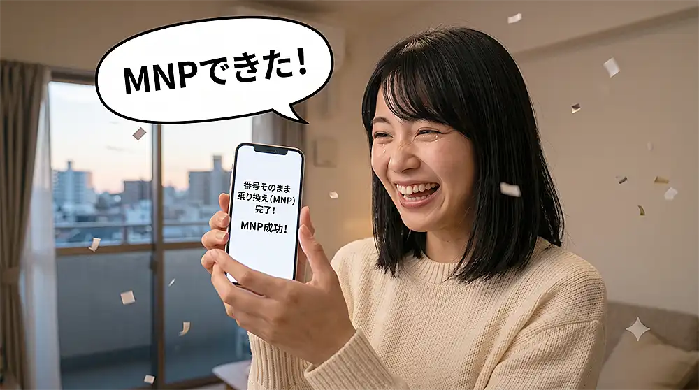 スマホを持った女性が嬉しそうな顔でMNPできた！と喜んでいる場面